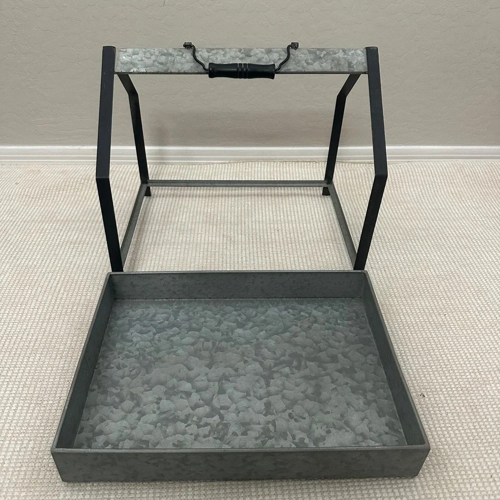 Galvanized Metal Caddy Rustic Farmhouse Industrial Storage Tray Black Frame 16in